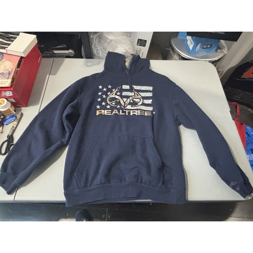 Realtree Northern Outpost Flag Mens Pullover Hoodie Sweatshirt Size M Blue